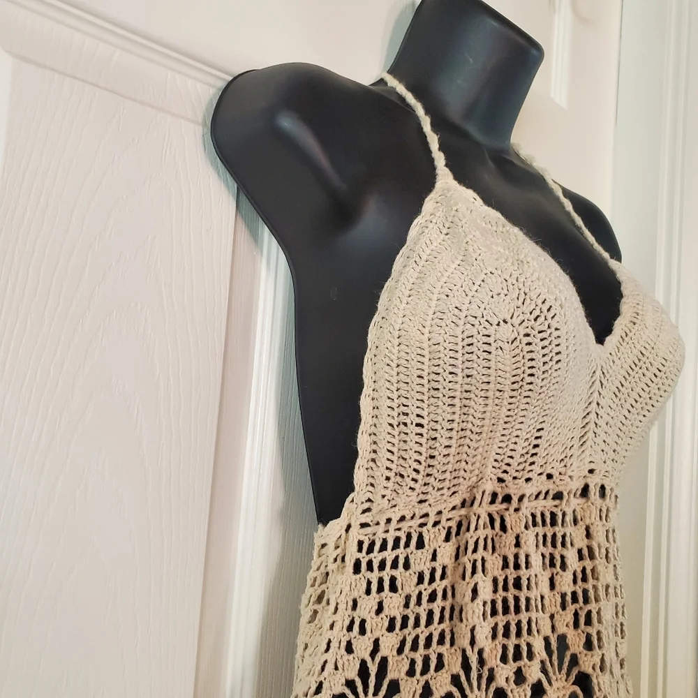 Lilu Y2K Crochet Tank Top Ivory Back Tie Romantic Sexy Bohemian Size Medium